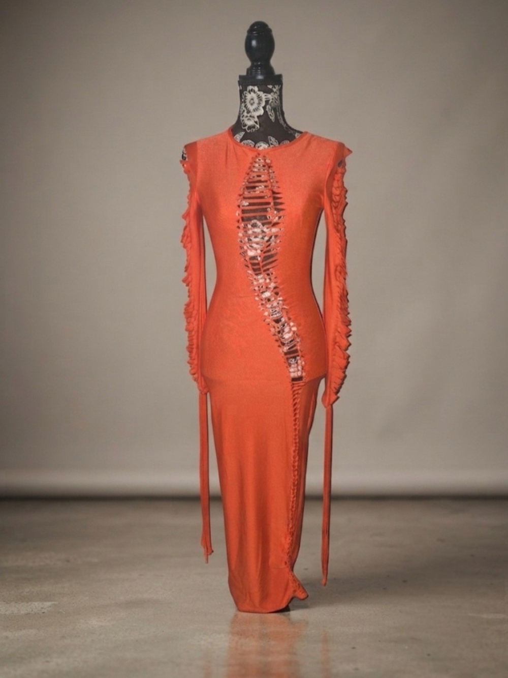 Orange Cutout Long Sleeve Maxi Dress